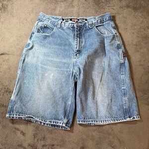 Vintage DTEK Baggy Denim Carpenter Shorts Light Wash Blue Mens 36X10 Y2K.